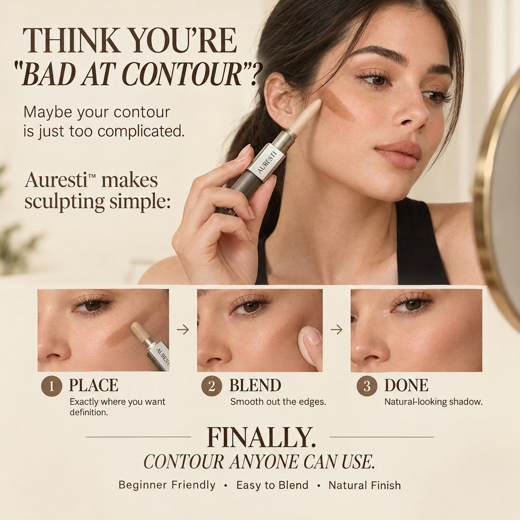 Woman drawing contour on her cheekbone in front of a mirror, with close-ups of placing, blending and the finished look