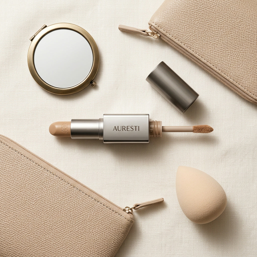 Flat lay of the contour stick with both ends uncapped, a compact mirror, a beige cosmetic pouch and a makeup sponge
