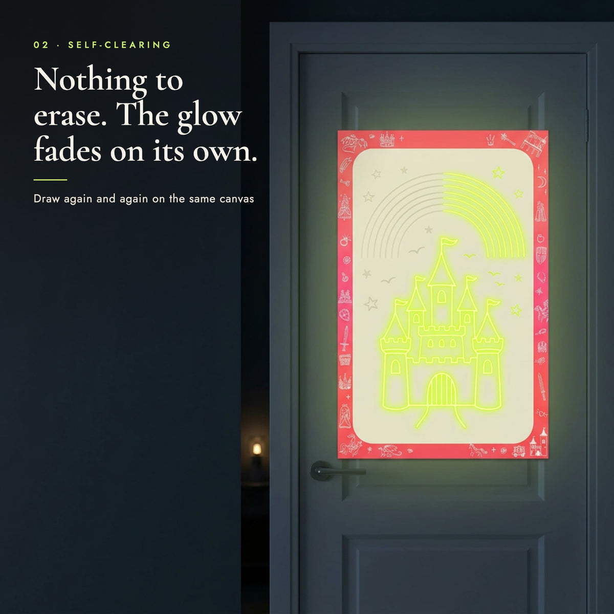 Glowing drawing fading on its own on the glow canvas hung on a bedroom door