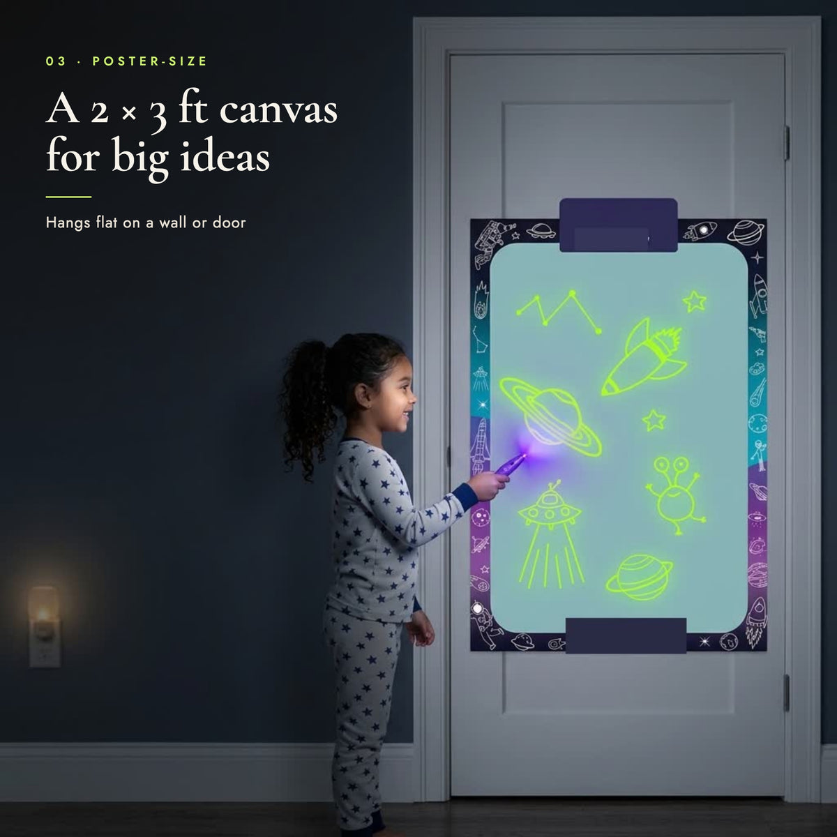 24 × 36 inch glow drawing canvas on a bedroom door next to a child for scale