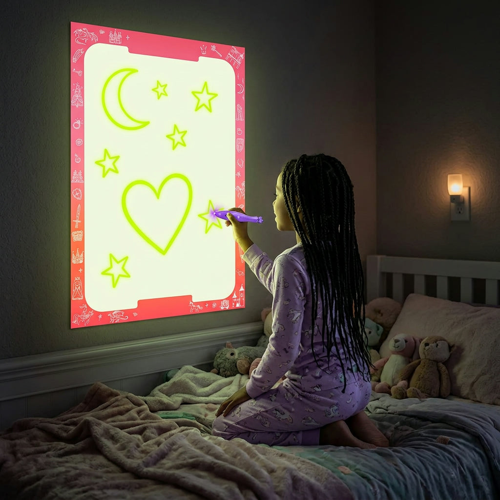 Child drawing glowing moon, stars and a heart on the glow canvas in a dark bedroom