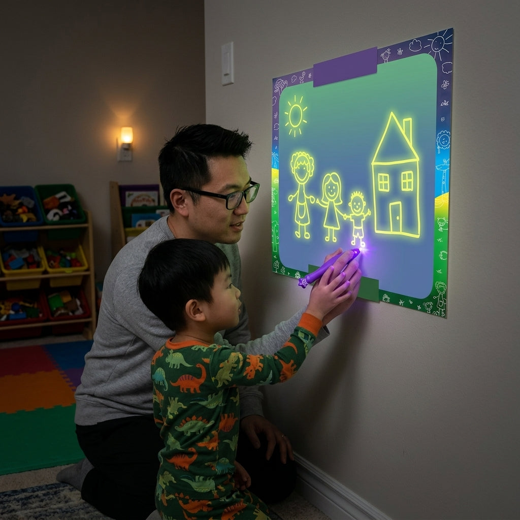 Parent and child drawing a glowing picture together on a playroom wall