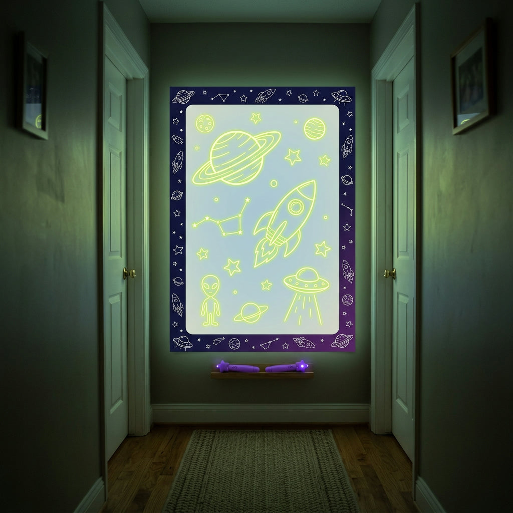 Glow canvas with Outer Space border glowing in a dim hallway