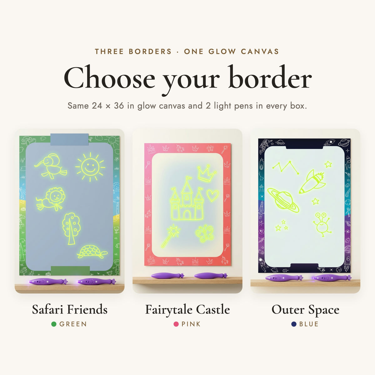 Glow Draw Wall in three borders: Safari Friends, Fairytale Castle and Outer Space