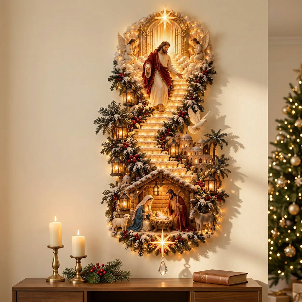 Illuminated Jesus-style Christmas wall hanging glowing above a wood console with candles in a warm living room