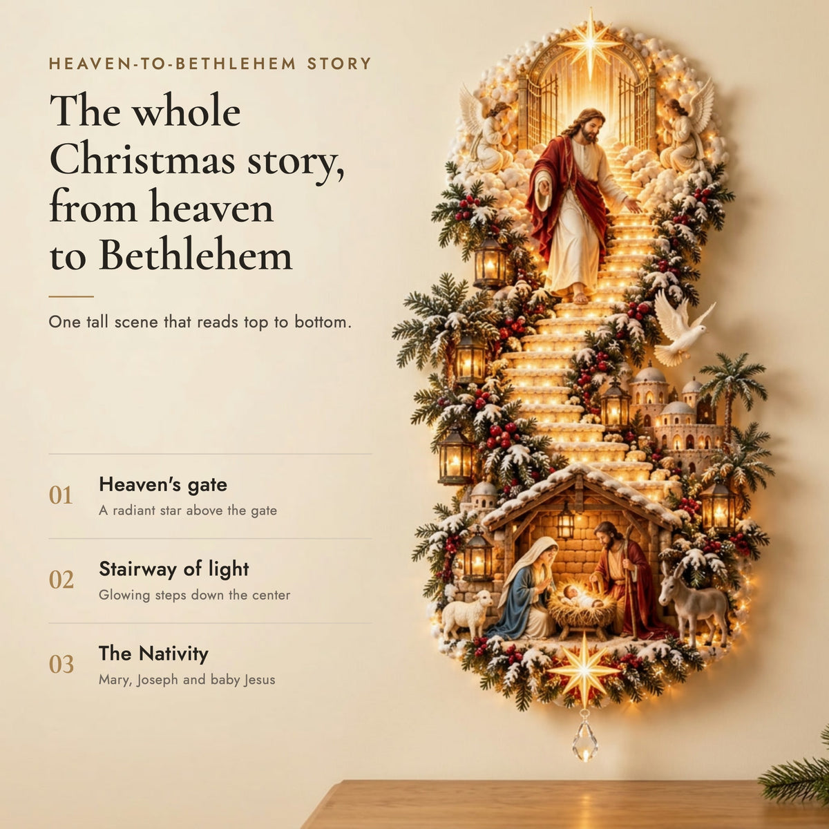 Christmas wall hanging that tells the story top to bottom: heaven's gate, a stairway of light, and the Nativity