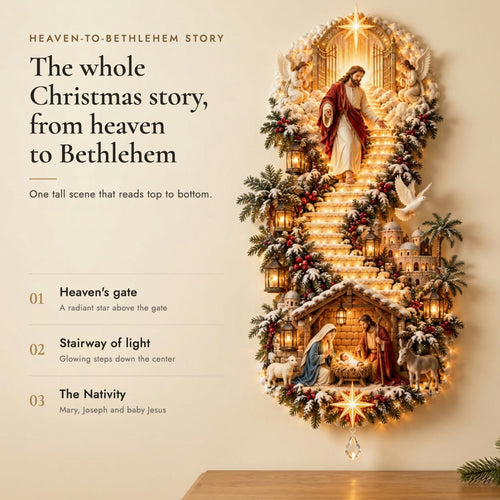 Christmas wall hanging that tells the story top to bottom: heaven's gate, a stairway of light, and the Nativity