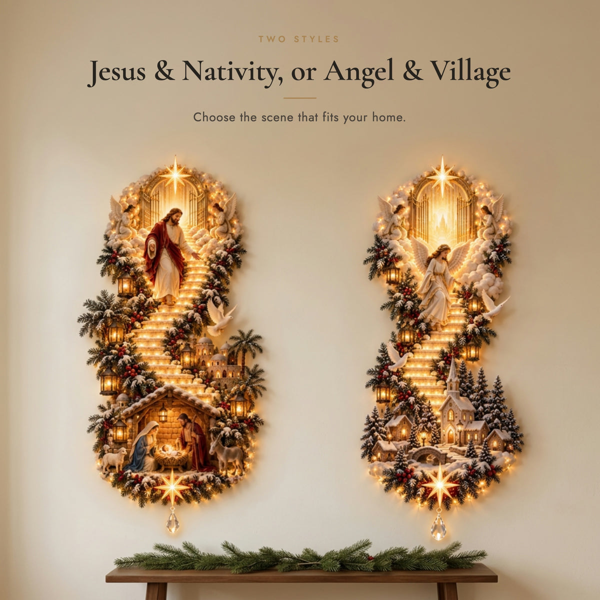 Jesus and Nativity style next to Angel and winter village style, on one wall