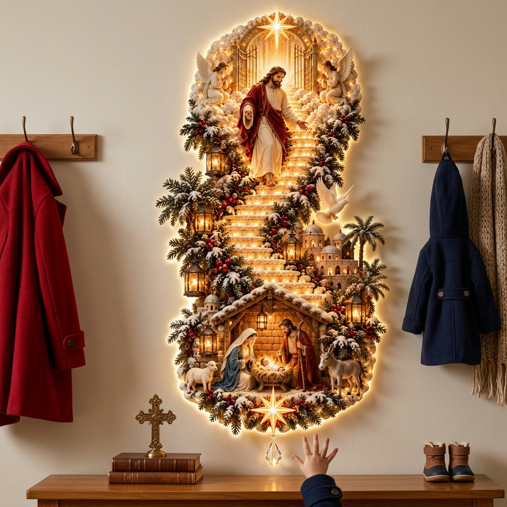 Jesus wall hanging in a hallway with coats on hooks