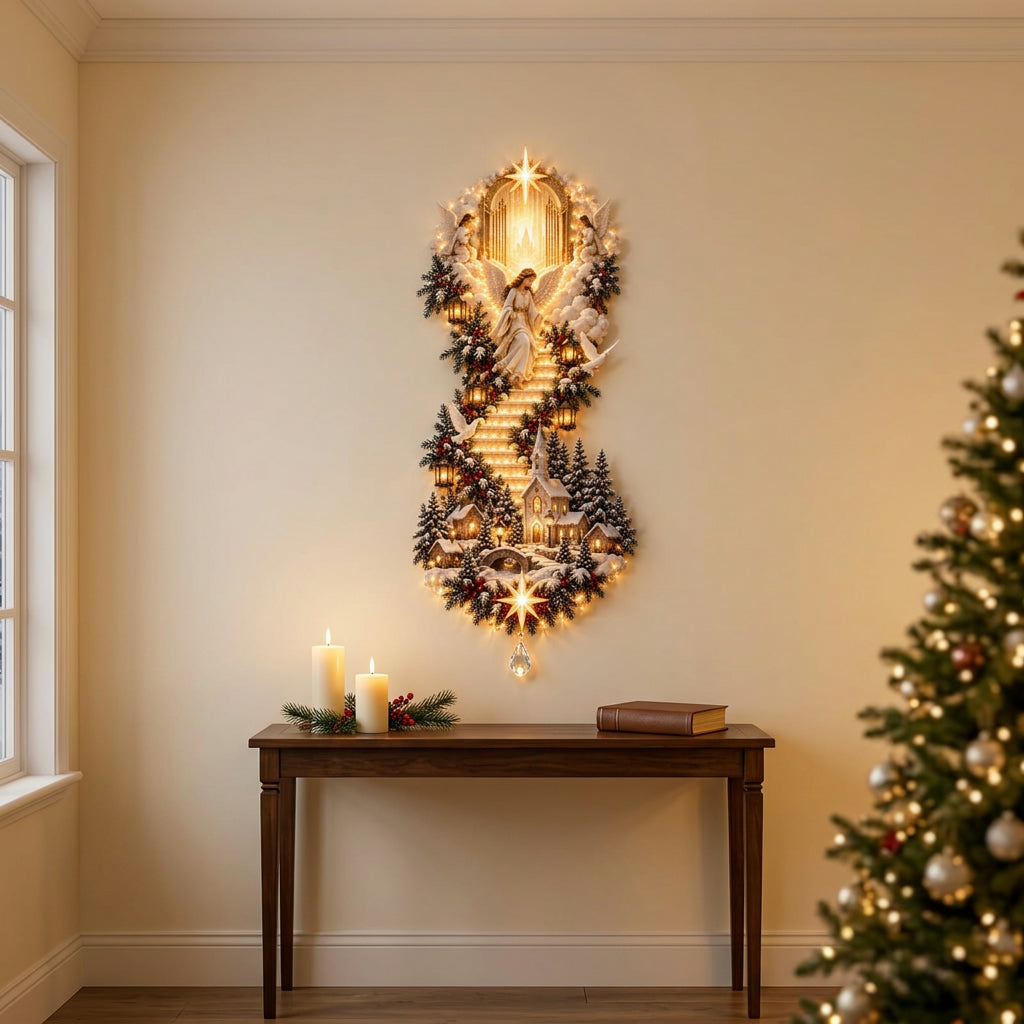 Illuminated Angel-style Christmas wall hanging above a console with candles by a snowy window