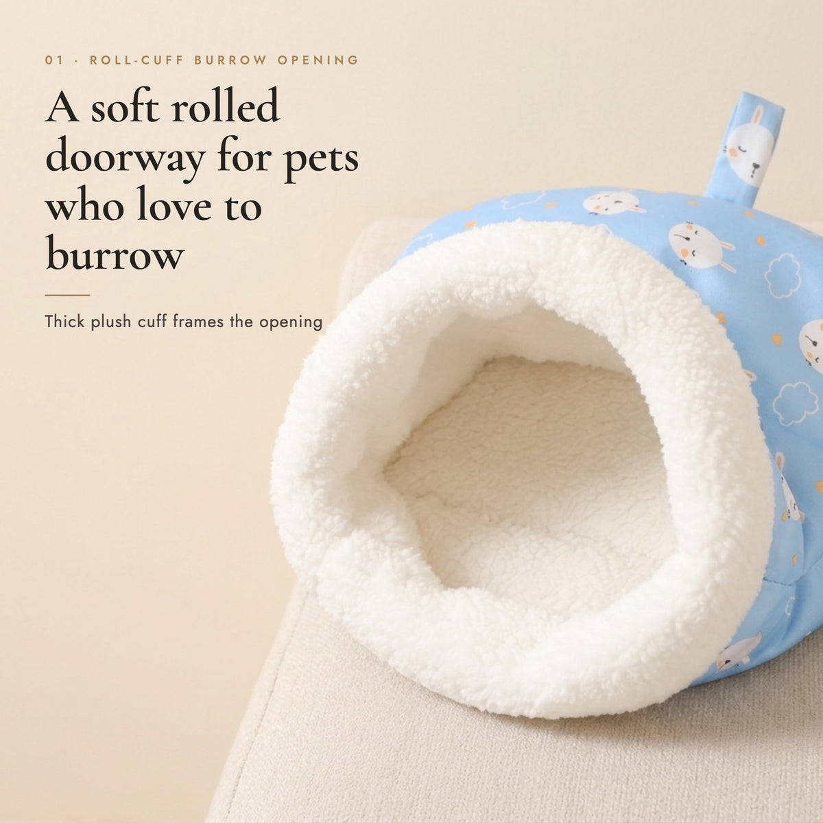 Close-up of the rolled plush cuff opening on the Snuggle Burrow pet sleeping bag