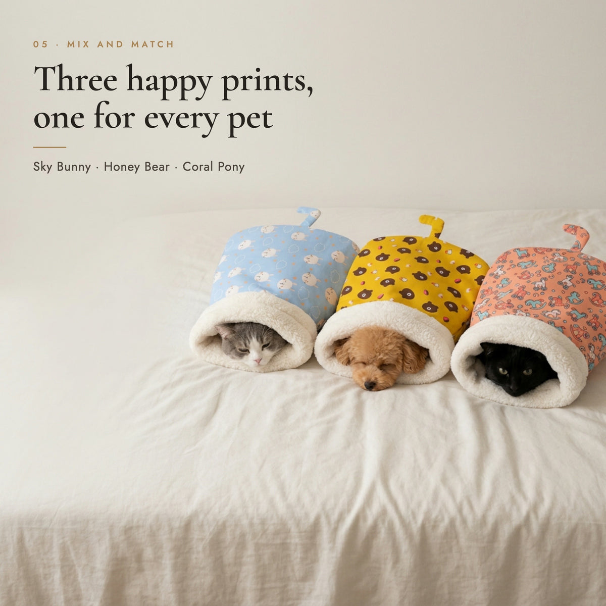 Cat and small dog resting in three pet sleeping bags in different prints