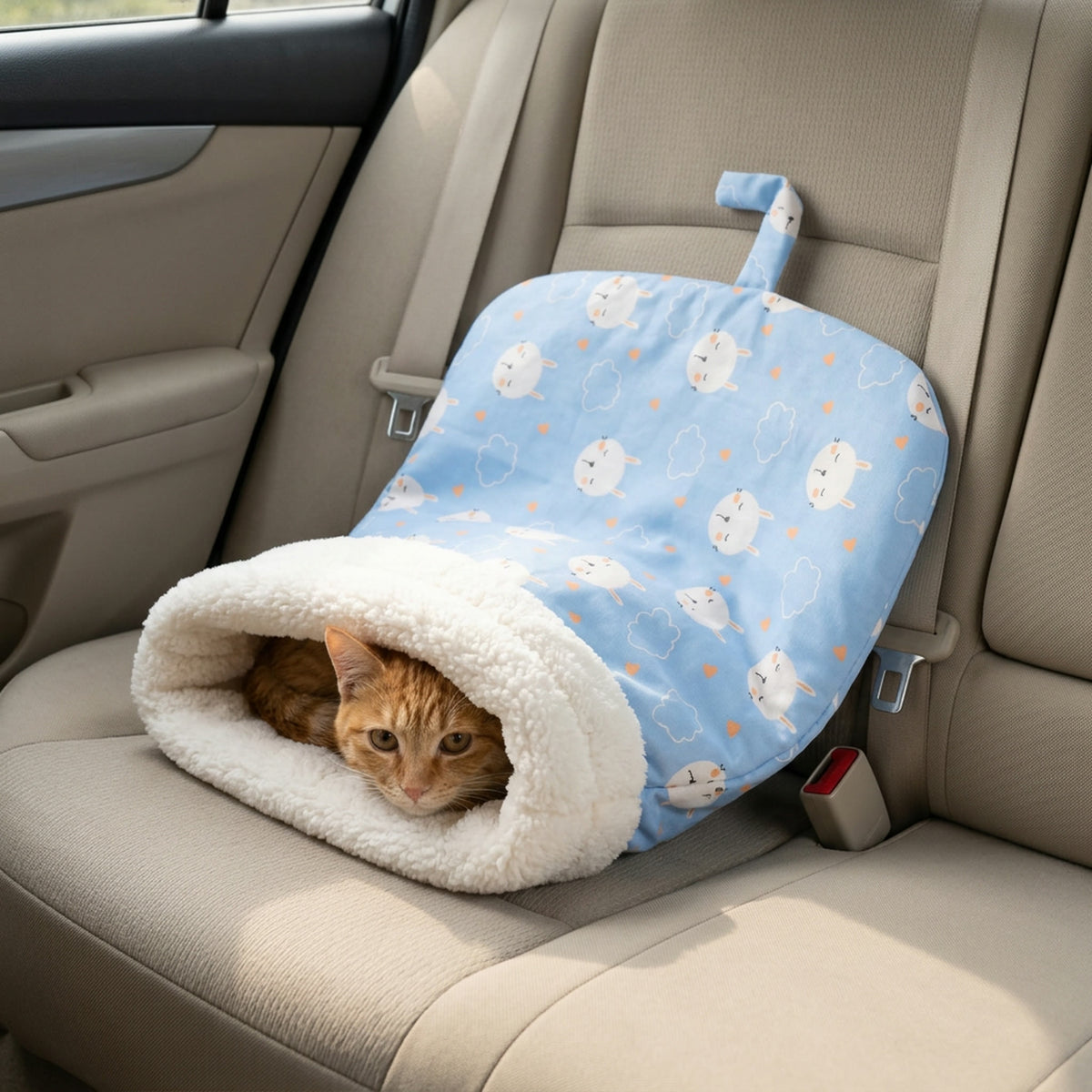 Ginger cat curled in a Sky Bunny pet sleeping bag on a car back seat