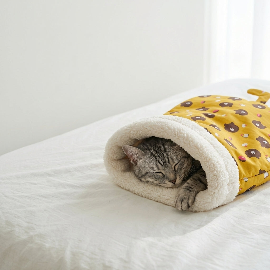 Grey cat sleeping inside a Honey Bear pet sleeping bag