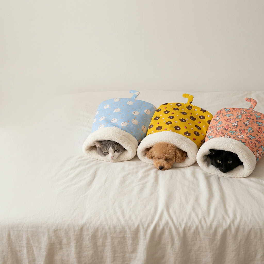 Cats and a small dog in three pet sleeping bags