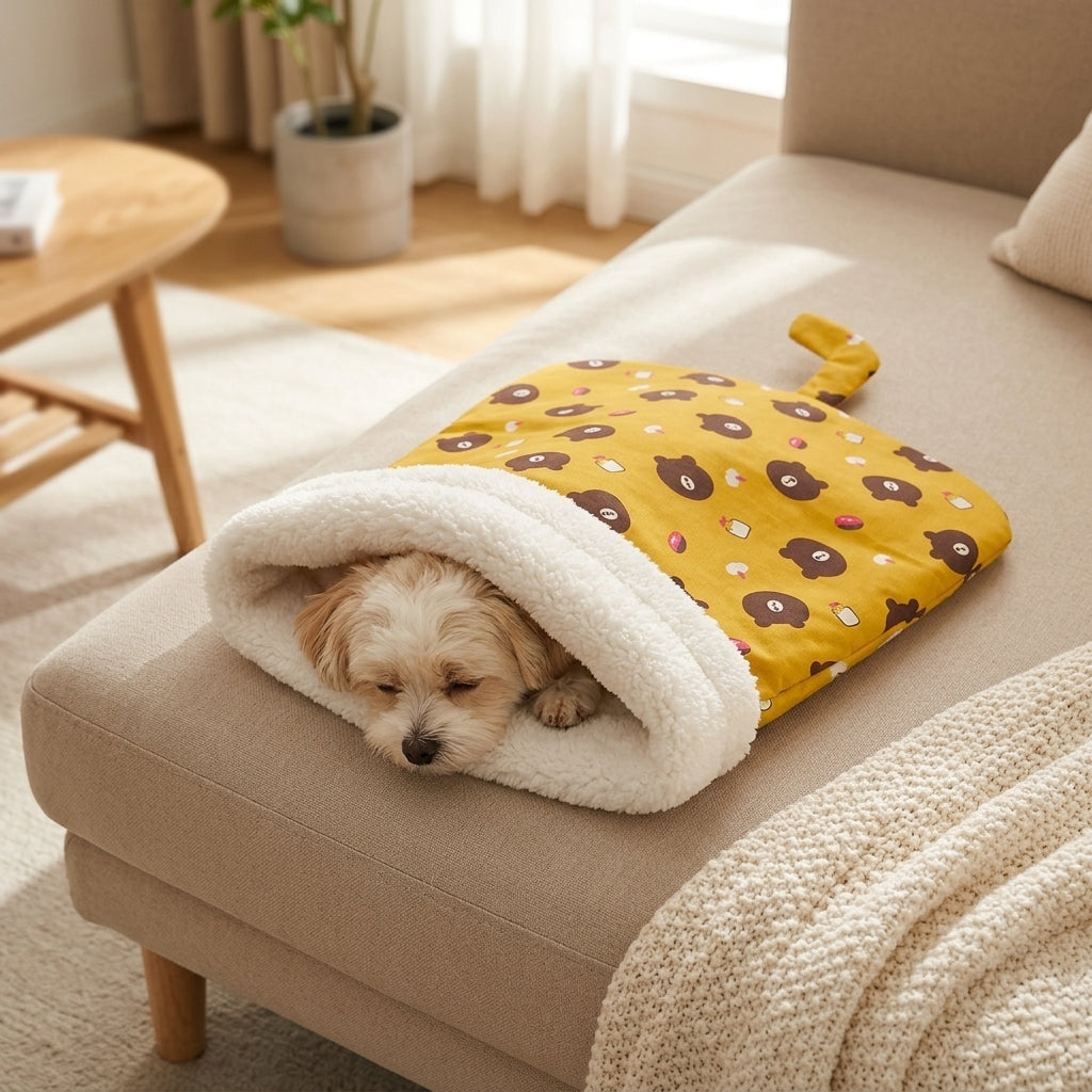 Small dog dozing in a Honey Bear pet sleeping bag on a sofa