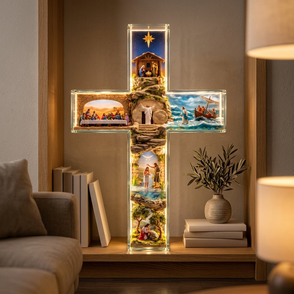 Light-up cross glowing on a table in a living room
